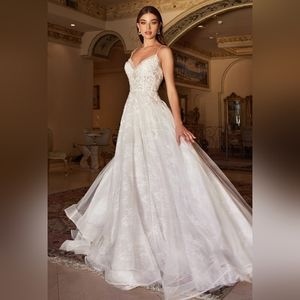 French white a line chantilly lace semi open back wedding dress bridal gown